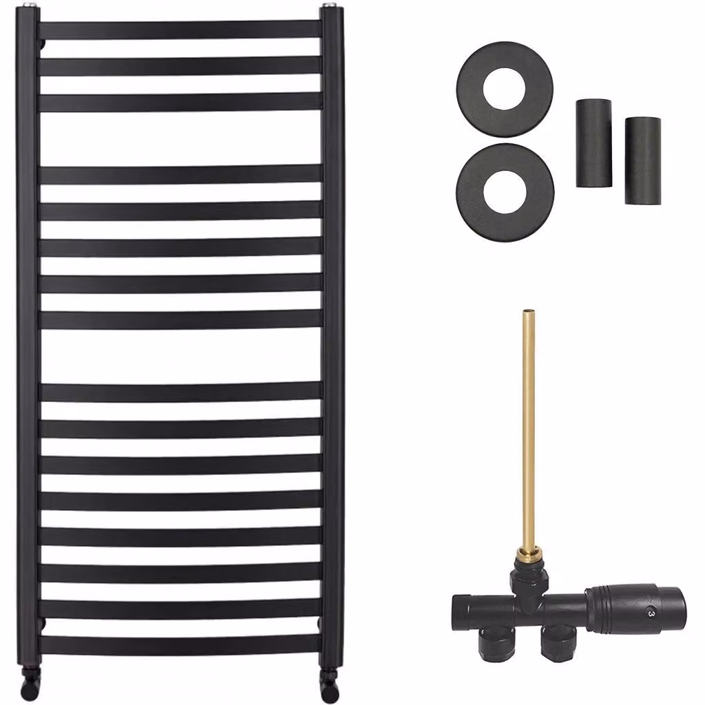 Set radiatore per bagno Paolo - riscaldamento centralizzato - attacco laterale a un punto - 604W - nero opaco - 1090x550 mm