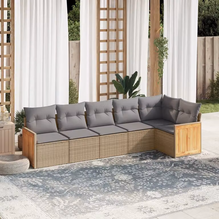 Set Divano da Giardino a L vidaXL 6 pz con Cuscini Beige e Grigio in Polyrattan e Legno di Acacia