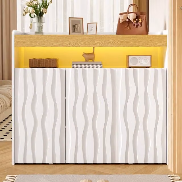 Mobile Consolle Minimal con 3 Ante e Illuminazione LED Bianca Effetto Rovere L: 105 cm, H: 90.5 cm, P: 35 cm