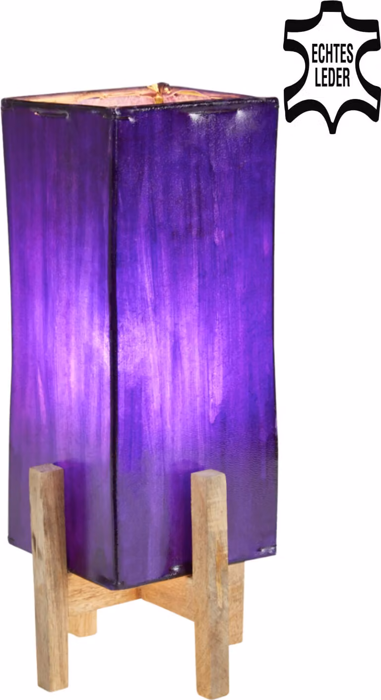 Lampada da tavolo Janka in pelle viola con montatura marrone