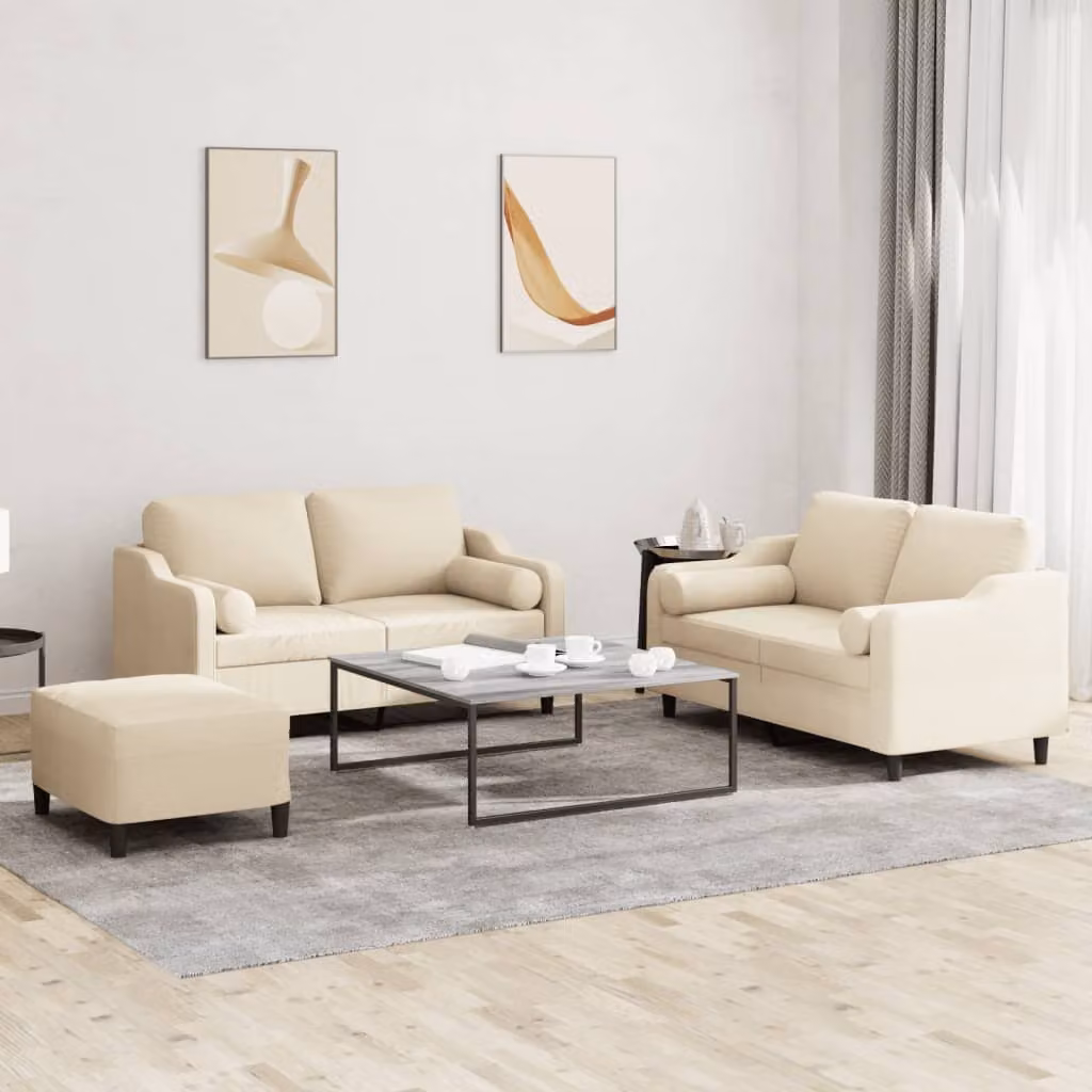 Set di divani 3 pezzi vidaXL in tessuto beige con cuscini per soggiorno – 1