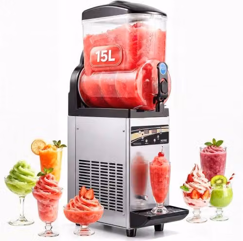 Macchina per Slush e Bevande Ghiacciate VEVOR in Acciaio Inox, Capacità 15 l, Colore Argento e Nero con Rubinetto