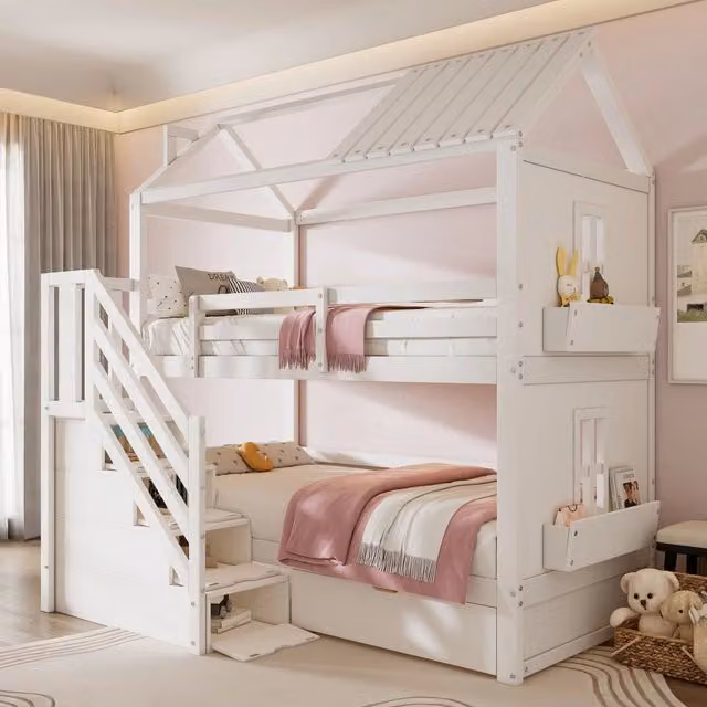 Letto a castello 90x200 cm con scala contenitore; cassetti e ripiani in legno e MDF bianco