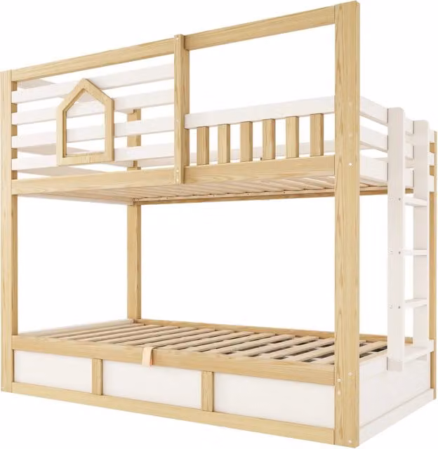 Letto a castello per bambini in legno massiccio con struttura a casetta, scala, vano contenitore a sollevamento e finitura rovere e bianco, L/P/H: 200 x 90 x 210 cm