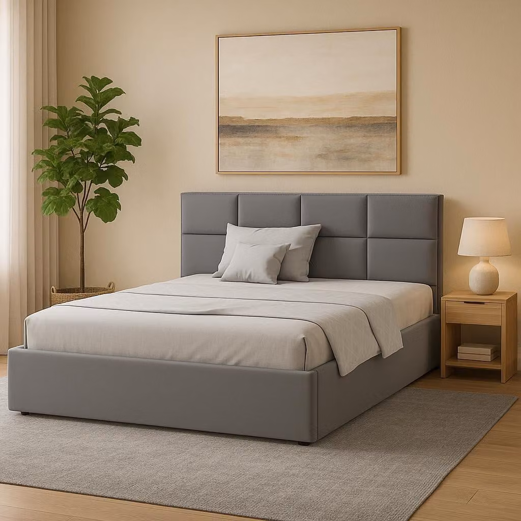 GUTTO Letto imbottito 140x200 Griglia a doghe in metallo Velluto grigio con contenitore e contenitore