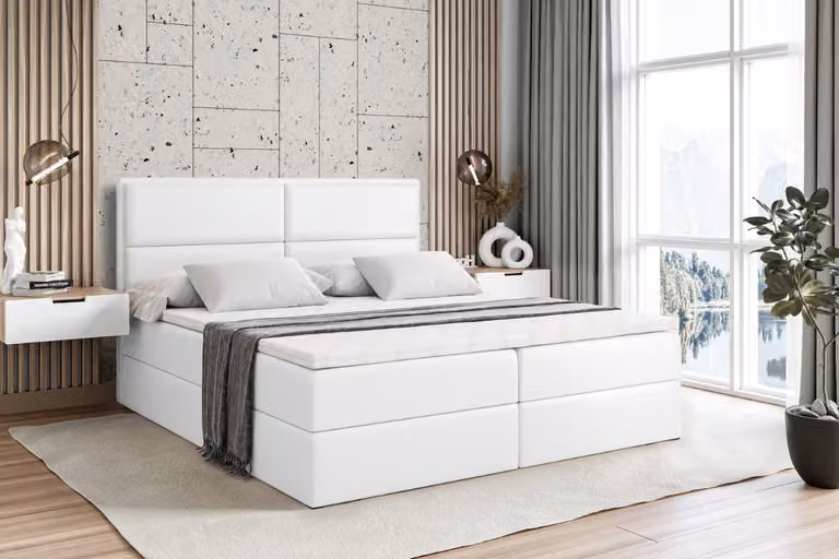 Letto boxspring ALTDECOR con materasso H3 e topper - 140 x 200 cm - AURA - Pelle finta bianca - Letto imbottito con contenitore e rete a doghe, letto con spazio contenitivo