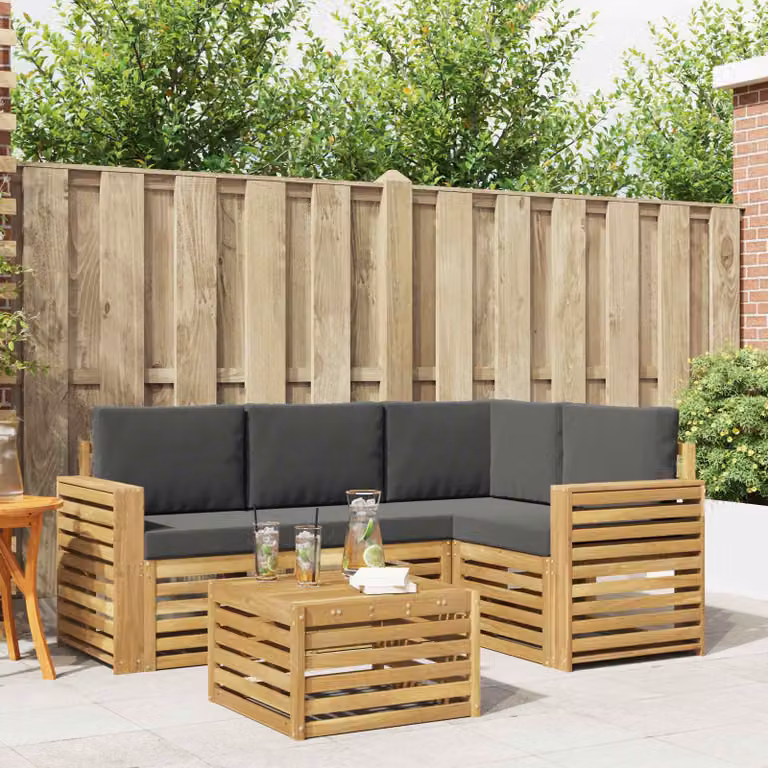 vidaXL Set di divani da esterno a L composto da 5 pezzi con tavolino, in legno di acacia e tessuto poliestere resistente ai raggi UV, Bianco e Antracite