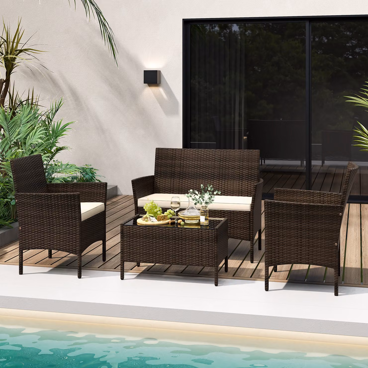 Set da conversazione modulare Costway in rattan marrone con cuscini morbidi per giardino e veranda, 4 pezzi