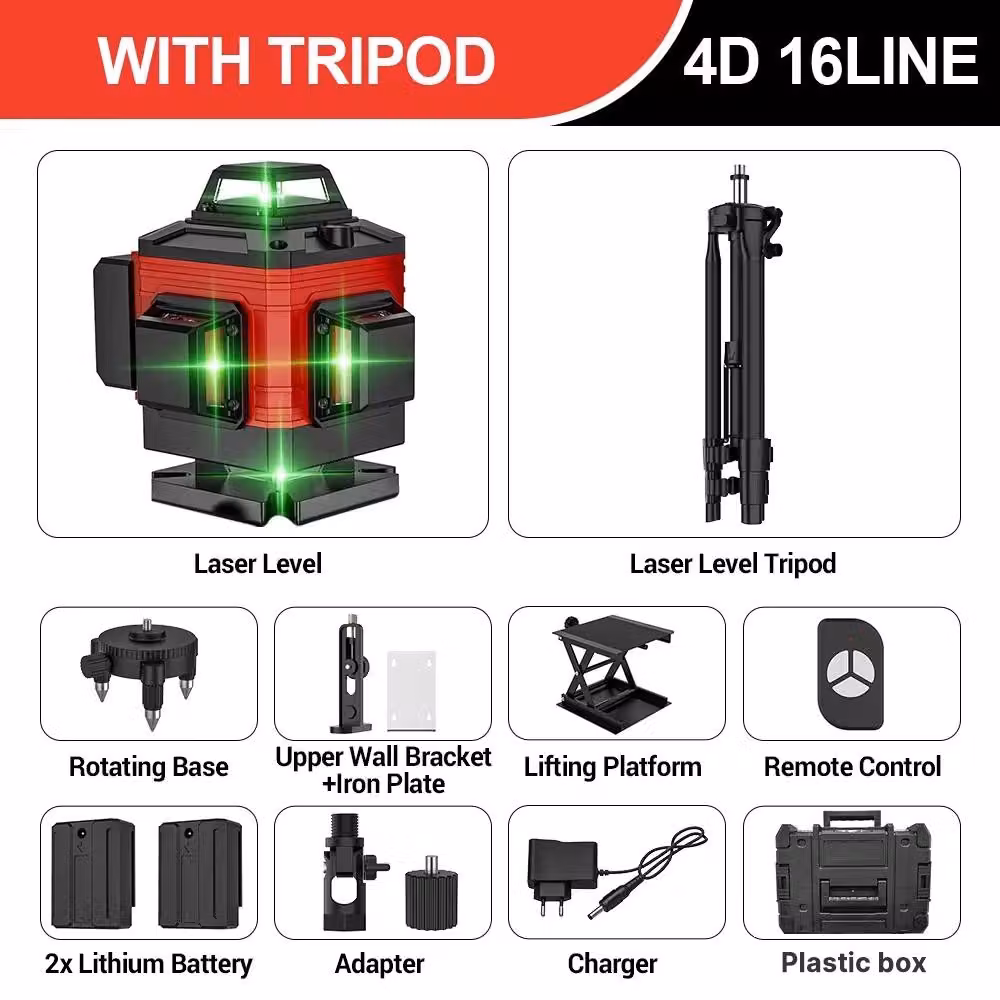 Livella laser - 4D, 16 linee - Autolivellante a 360° - Verticale e orizzontale - 2 batterie ricaricabili - Treppiede - Valigetta in plastica rossa