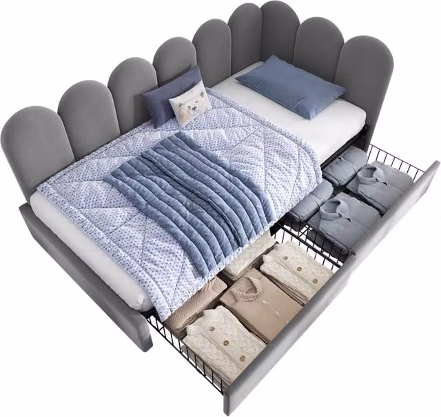 Letto singolo 90x200 cm in velluto grigio con testiera imbottita e 2 cassetti