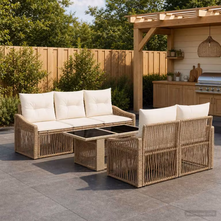 Set Divano da Giardino vidaXL 6 Pezzi in Polyrattan Beige e Bianco con Cuscini Imbottiti e Tavolino da Caffè Moderno