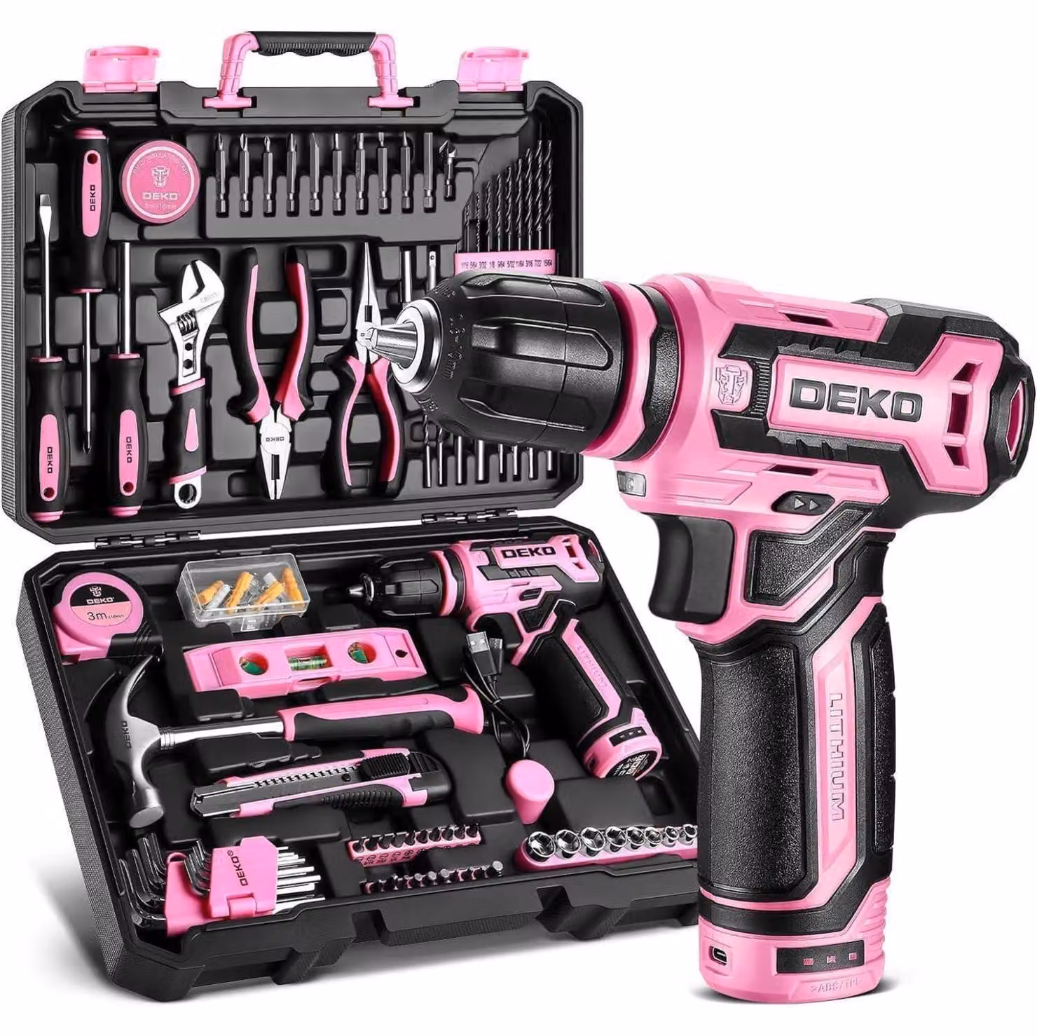 Valigetta degli attrezzi completa, con 133 pezzi, inclusa una trapano avvitatore a batteria da 12V, ideale per uso domestico e fai-da-te. Colore: rosa