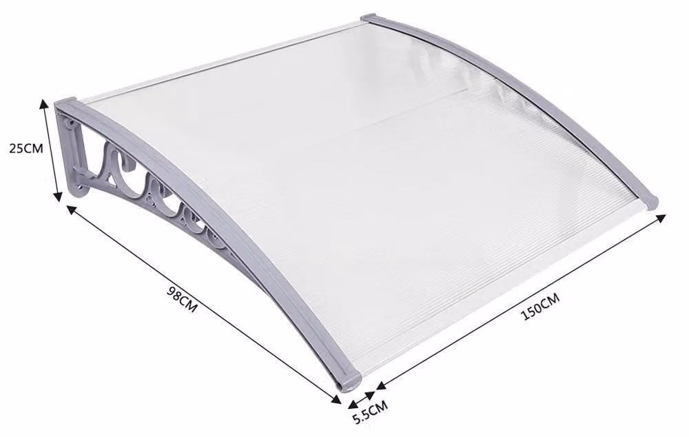 Tenda da esterno - Tenda per porta 100 x 150 cm - Protezione curva contro pioggia e neve - Policarbonato resistente agli urti - Montaggio a parete - Trasparente grigio
