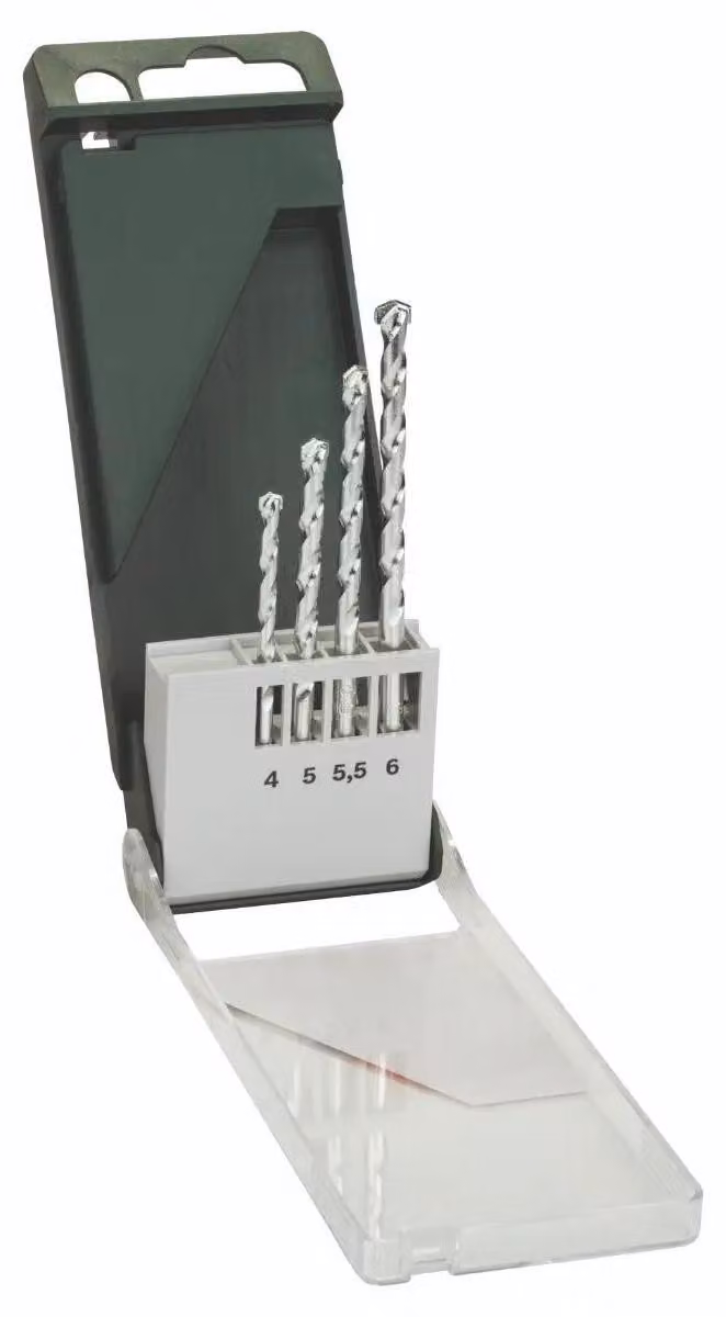 Set di punte da trapano: 4,0 x 75 mm; 5,0 x 85 mm; 5,5 x 85 mm; 6,0 x 100 mm, confezione da 4 pezzi.