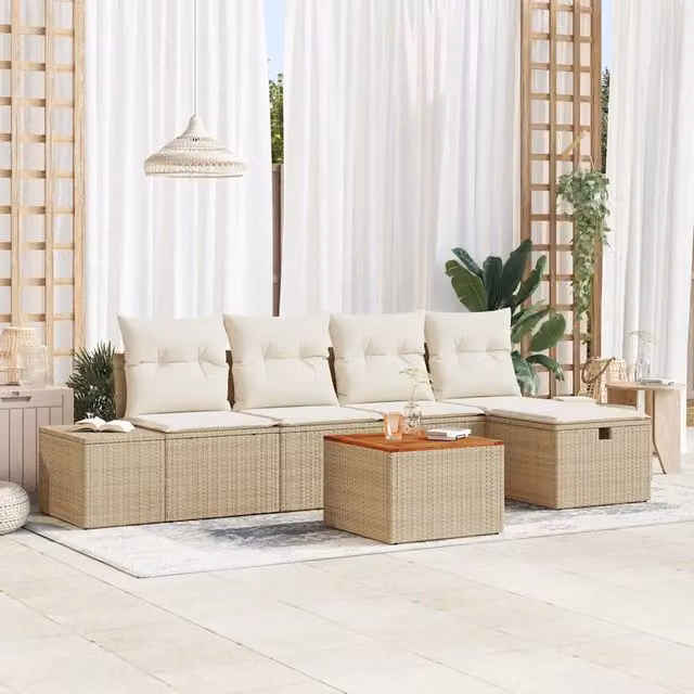 Set Divano da Giardino Moderno vidaXL in Polyrattan Beige con Cuscini e Tavolino da 6 Pezzi