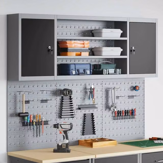 Set di 4 armadi per attrezzi vidaXL in acciaio nero e grigio con scaffale, montabili a parete
