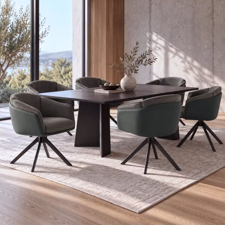 Set di 6 sedie da pranzo modello HWC-R24, sedie da cucina, girevoli, in metallo, con rivestimento in ecopelle, tessuto/tessuto, colore verde