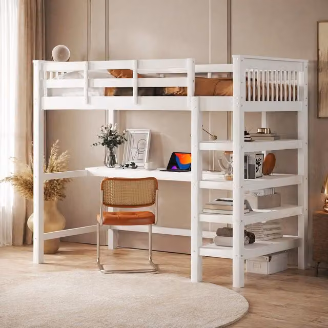 Hochbett 90x200 cm con scrivania e ripiani; in pino e MDF; bianco