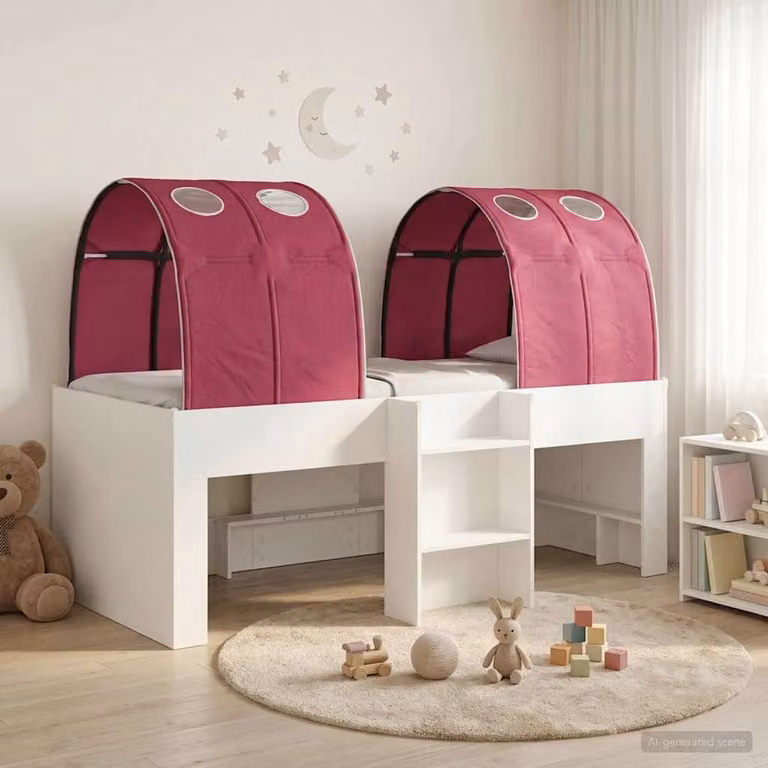 vidaXL Letto per bambini con tunnel in legno ingegnerizzato e tessuto, Bianco e Rosso, L: 203 cm x L: 120 cm x H: 68,5 cm