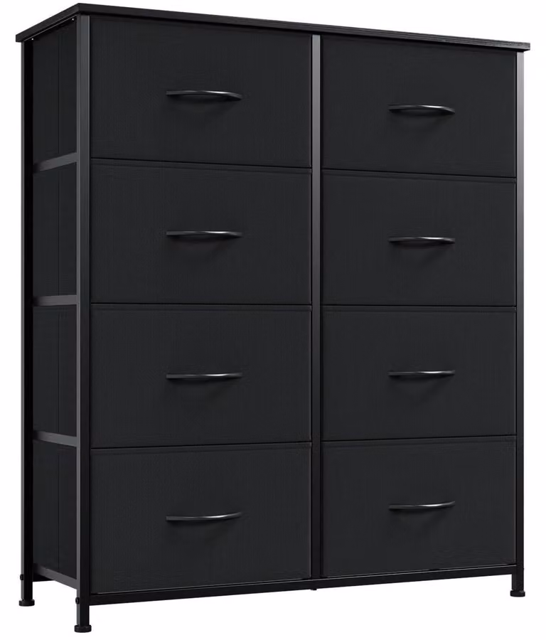 Comodino con 8 cassetti rivestiti in tessuto, colore nero, dimensioni 30x80x93 cm