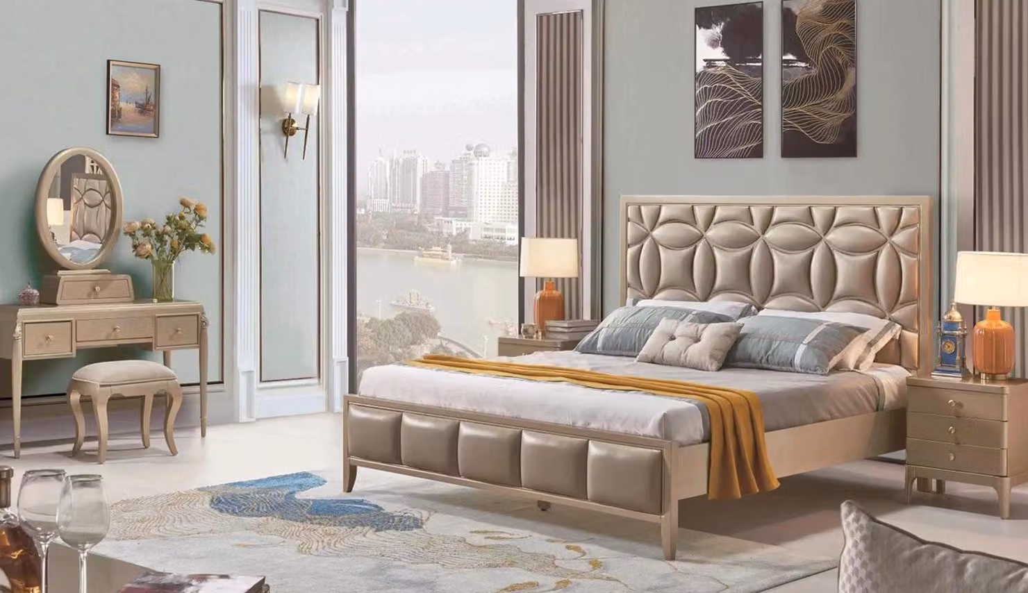 Polster Beige Doppelbetten Bett Betten Doppelbett Schlafzimmer Kunstleder