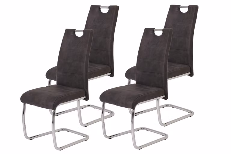 Hela Tische, set di 4 sedie da sala da pranzo cantilever Flora - rivestimento in microfibra antracite - schienale con maniglia - struttura in metallo cromato - portata 120 kg