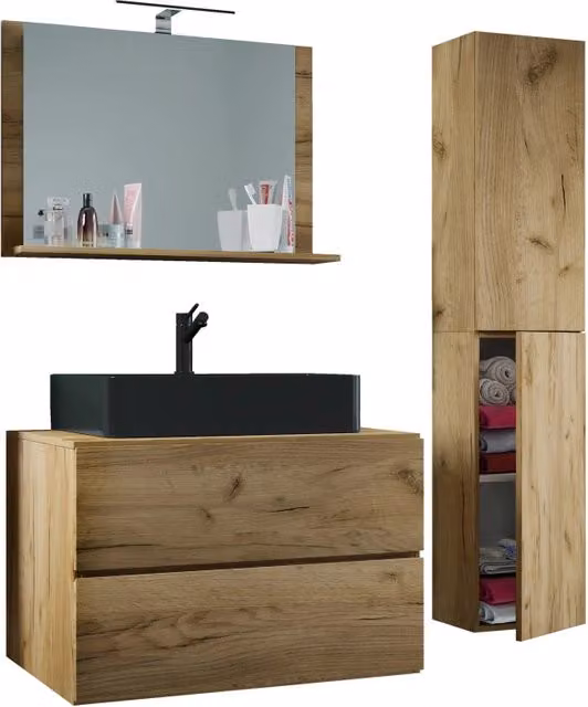 Set Lavabo Bagno Ezooza 4 Pezzi Moderno in Rovere e Nero con Mobile Sospeso, Colonna e Specchio
