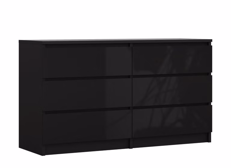 Cassettiera con 6 cassetti, nero opaco / nero lucido, 138 x 78 x 39 cm