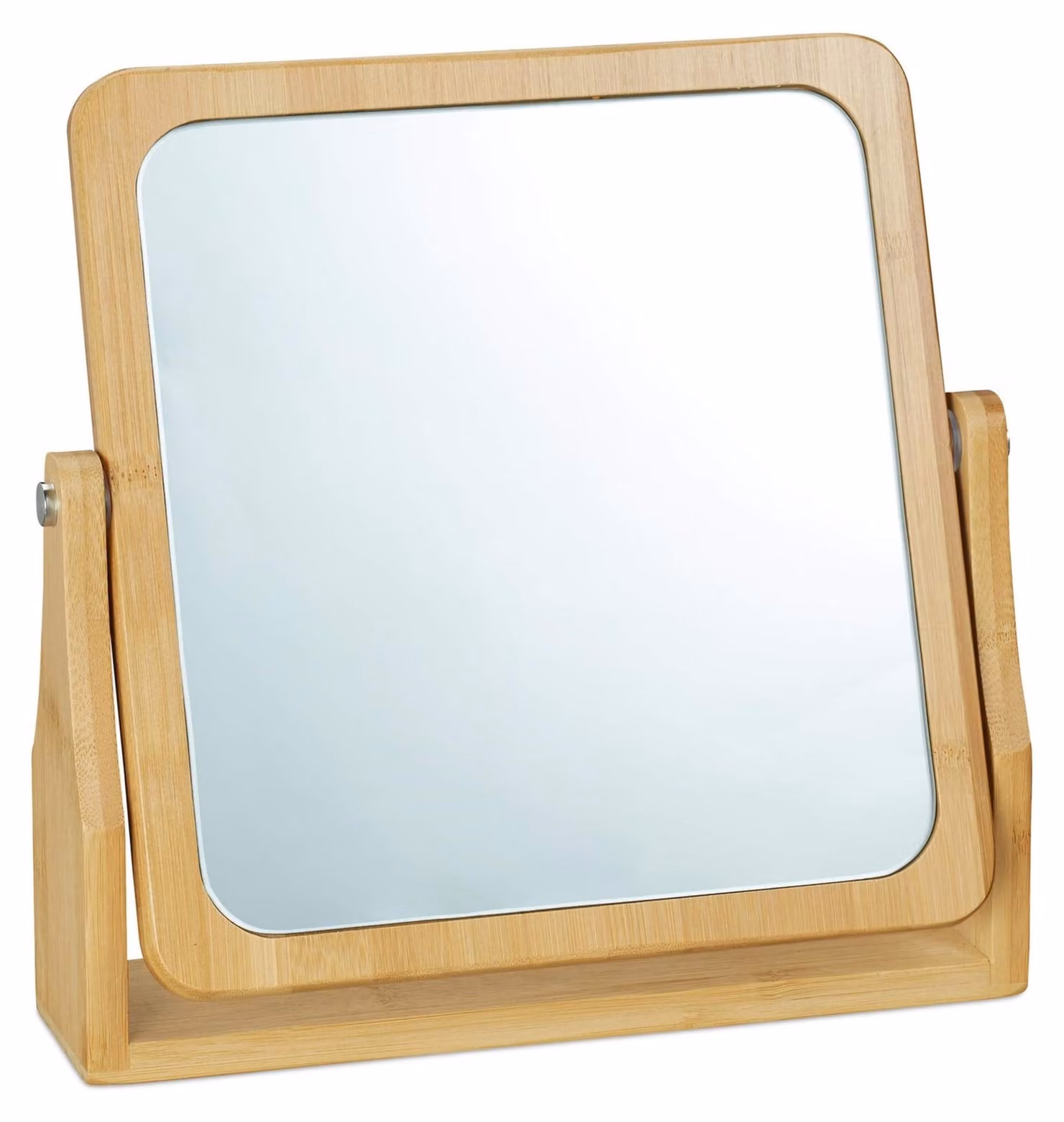 Specchio da trucco Relaxdays, orientabile a 360°, squadrato, da appoggio, per il trucco, L x P x A 27 x 26,5 x 7 cm, specchio da tavolo, bambù, naturale