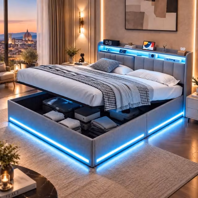 Letto Matrimoniale con Contenitore 160x200 cm; Letto Imbottito con LED e USB;Letto Baule Testiera con di Stoccaggio; Velluto Grigio;Senza Materasso