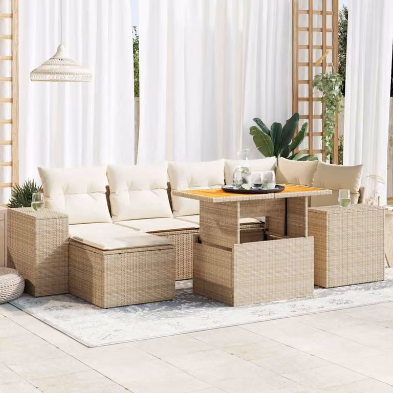 Set da giardino vidaXL composto da 7 pezzi con divani a L, pouf, tavolino e cuscini beige in rattan e metallo