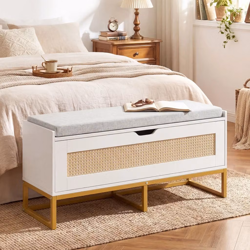 Panca porta scarpe in rattan con seduta imbottita e coperchio ribaltabile Bianco DESIGN IN – 2