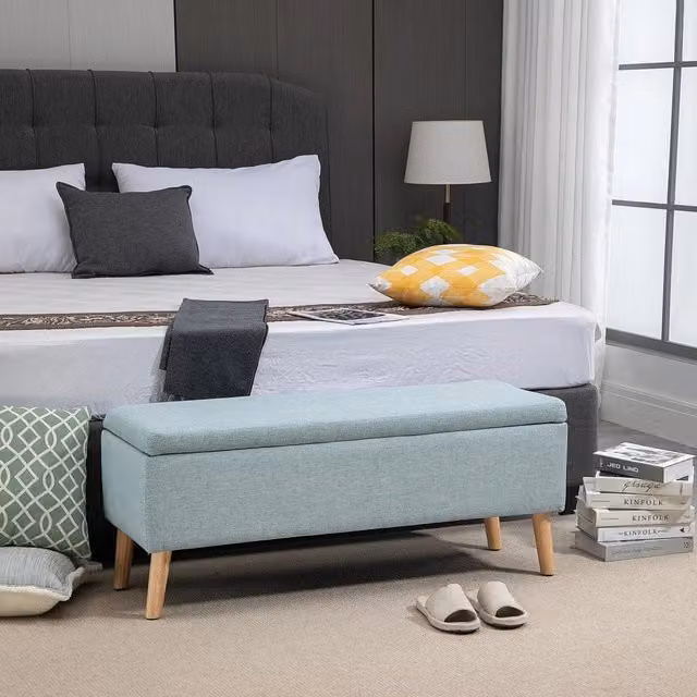 Panca contenitore scandinava WISHDOR in tessuto verde con gambe in legno, L: 120 cm, P: 39 cm, H: 45 cm – 1