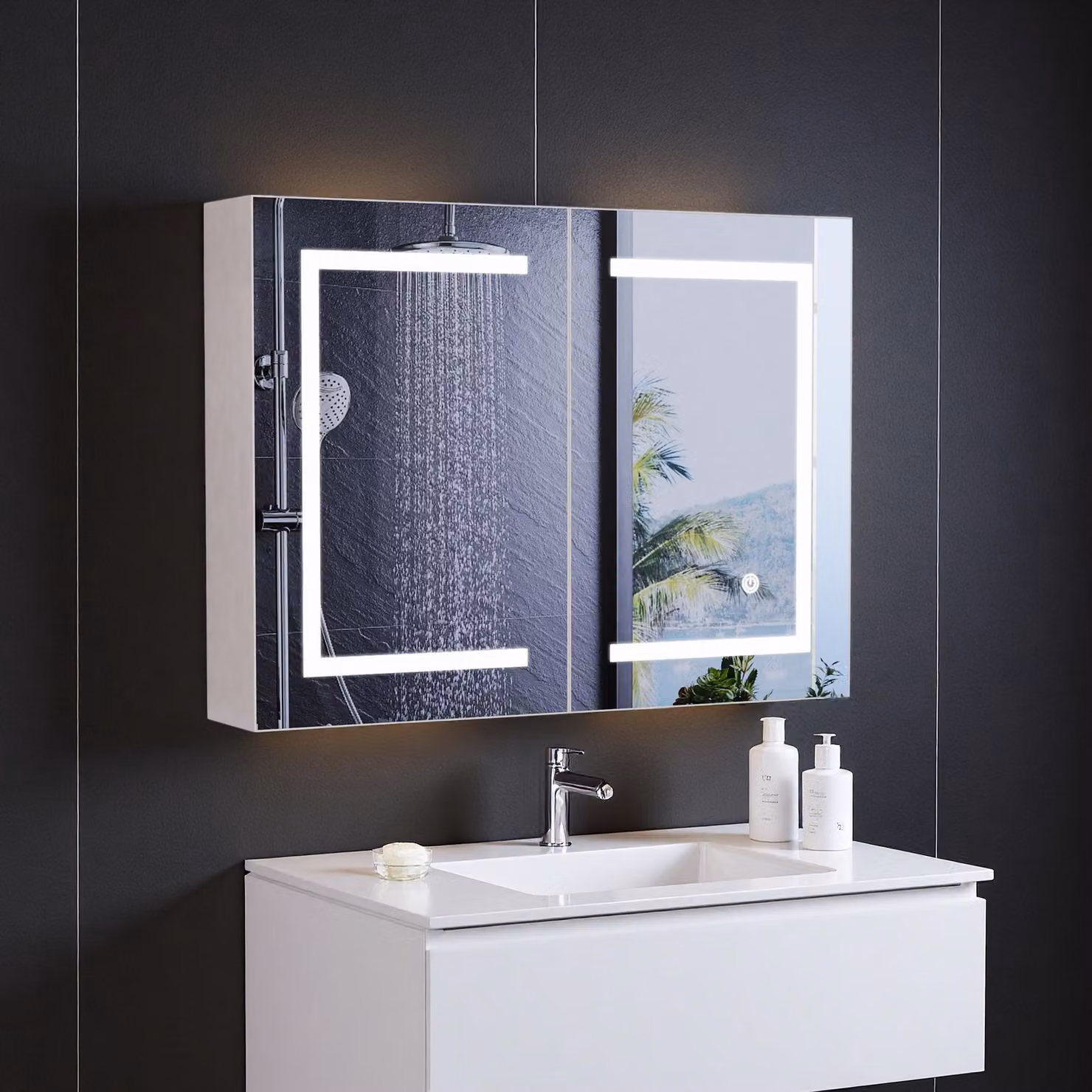 INONEFT, mobiletti specchio da bagno con illuminazione a LED, mobiletto specchio per il bagno largo 80 cm con ripiani regolabili, 2 ante, mobile da appendere, bianco