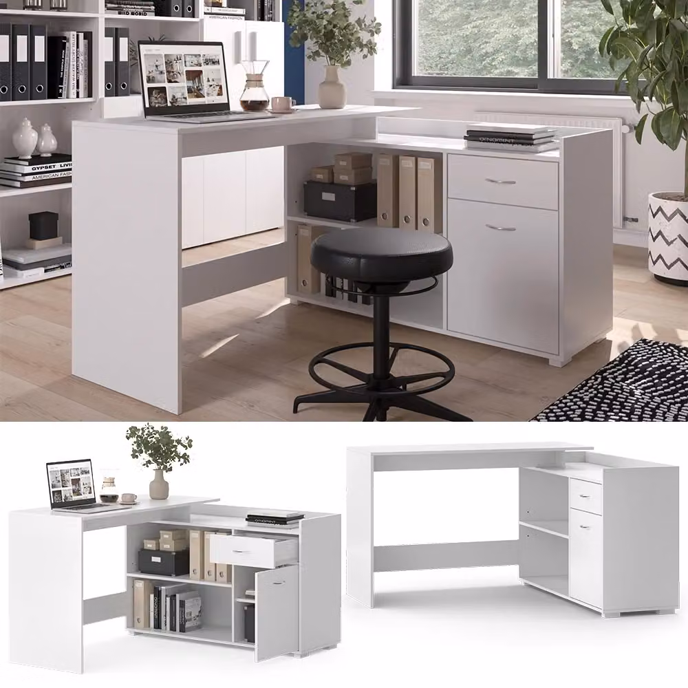 Scrivania ad angolo Vicco bianca moderna con cassetto L: 135 cm, P: 77 cm, H: 75 cm – 2