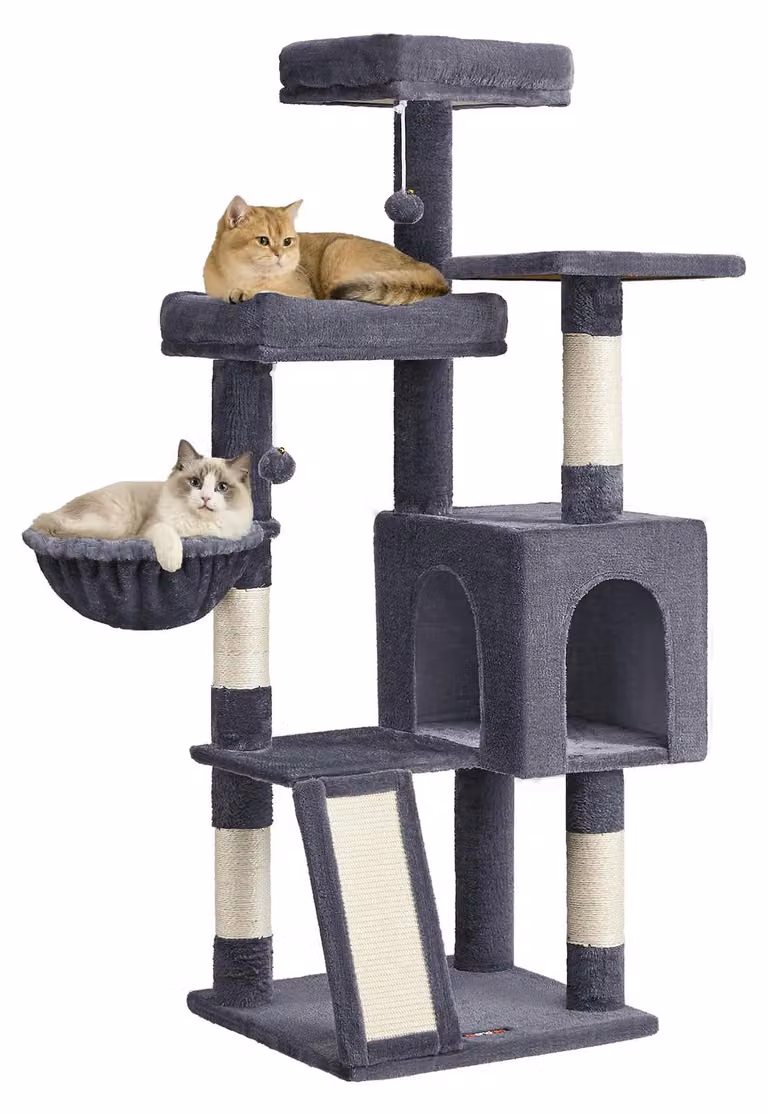 Albero per gatti Feandrea, con 3 grandi piattaforme, una cuccia e un cesto, altezza 136 cm, colore grigio scuro