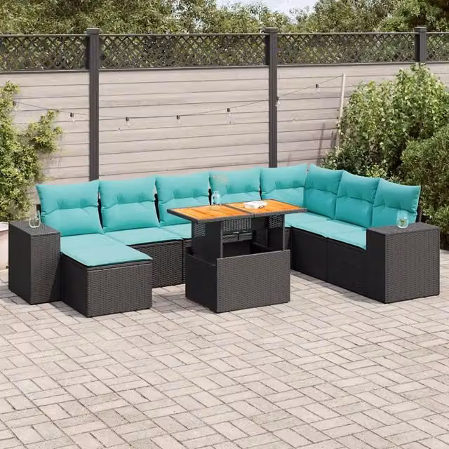 Set Divani da Giardino 9 pz con Cuscini Nero in Polyrattan 3327410