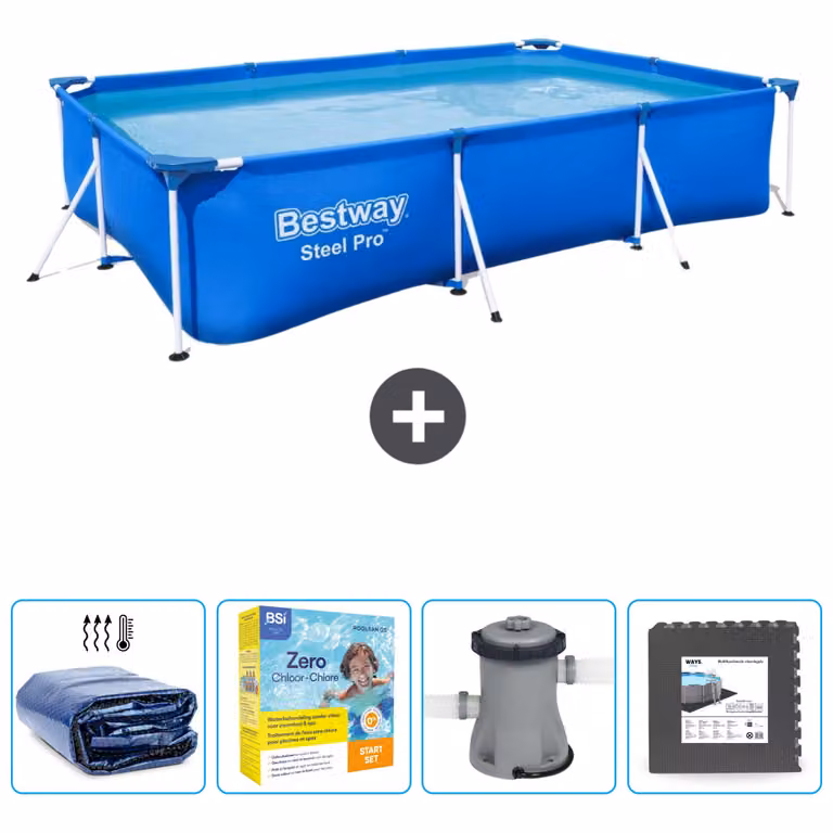 Piscina Bestway Steel Pro rettangolare - 300 x 201 x 66 cm - blu - include tenda da sole - pacchetto manutenzione - pompa - piastrelle per il pavimento