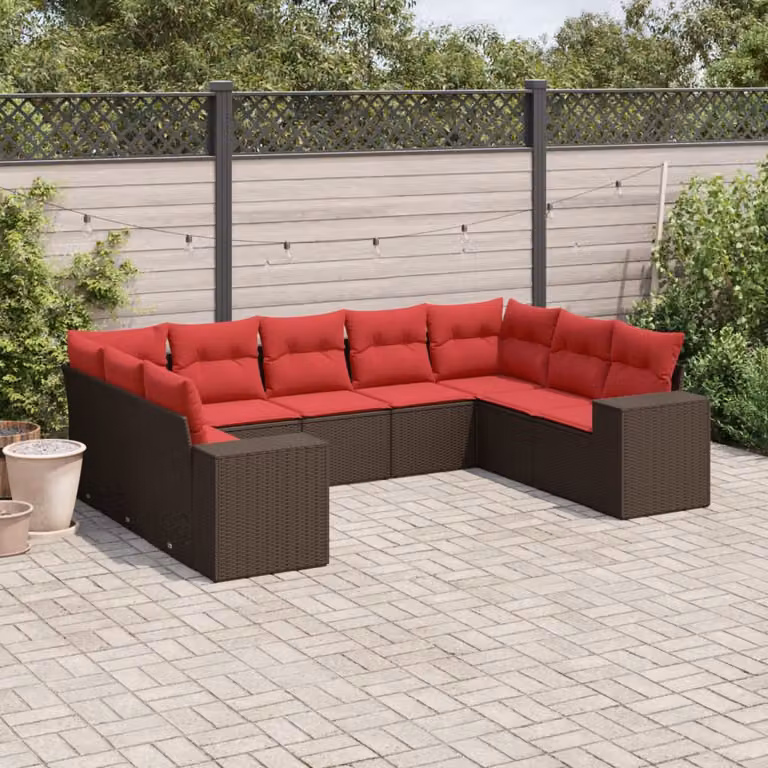 Set di divani da giardino vidaXL in polyrattan marrone con 9 pezzi e cuscini inclusi