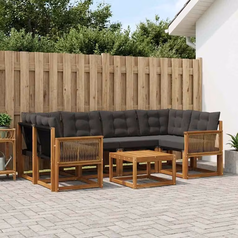 Set di divani da esterno vidaXL 7 pz in legno di acacia e textilene, colore marrone e nero, con tavolo da caffè e cuscini inclusi