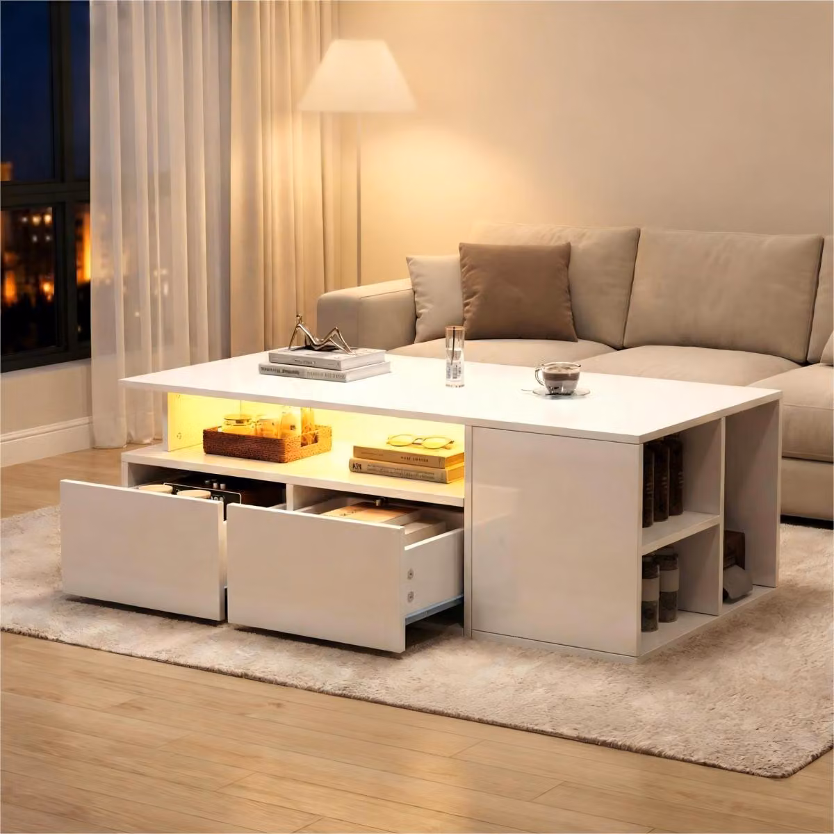 Tavolino da salotto con illuminazione a LED 100x50x35 cm Tavolino da salotto bianco con 2 cassetti Tavolino da tè moderno Tavolino da divano Ampio spazio di contenimento Portata 60 kg