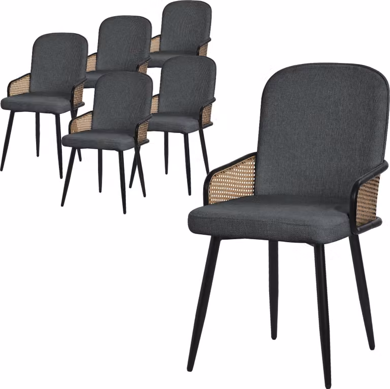 ML-Design set di 6 sedie da cucina in tessuto antracite con braccioli in rattan Sedie imbottite con gambe in metallo Poltrona ergonomica