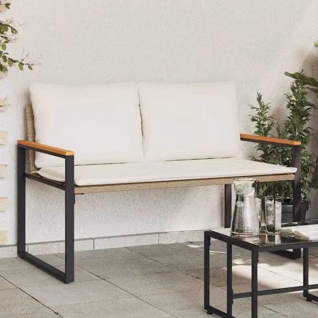 Panchina moderna vidaXL in rattan e legno di acacia con braccioli, colori beige e bianco, L 115 x P 65 x H 72 cm – 1