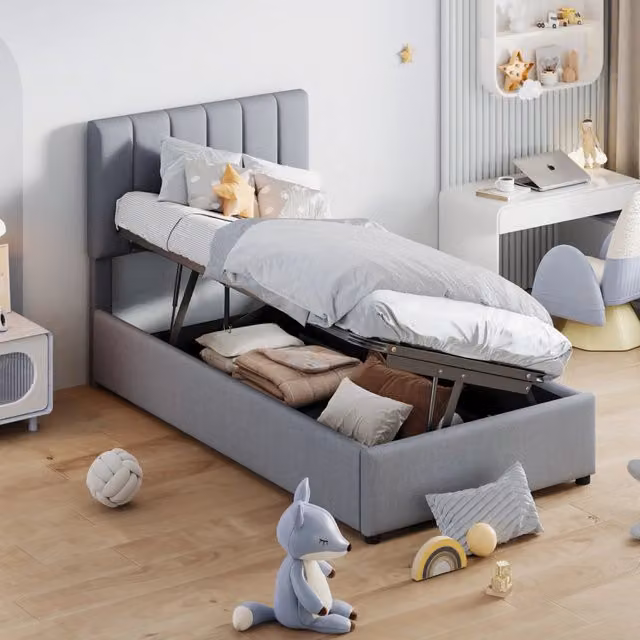Letto singolo imbottito 90 × 200 cm con vano contenitore idraulico in lino grigio e rete a doghe