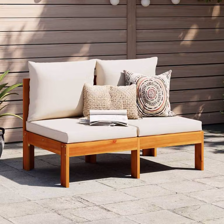 vidaXL Divano da Giardino a 2 Posti in Legno Massello di Acacia con Cuscini Imbottiti e Rivestimenti Rimovibili, Colori Bianco, Marrone e Beige