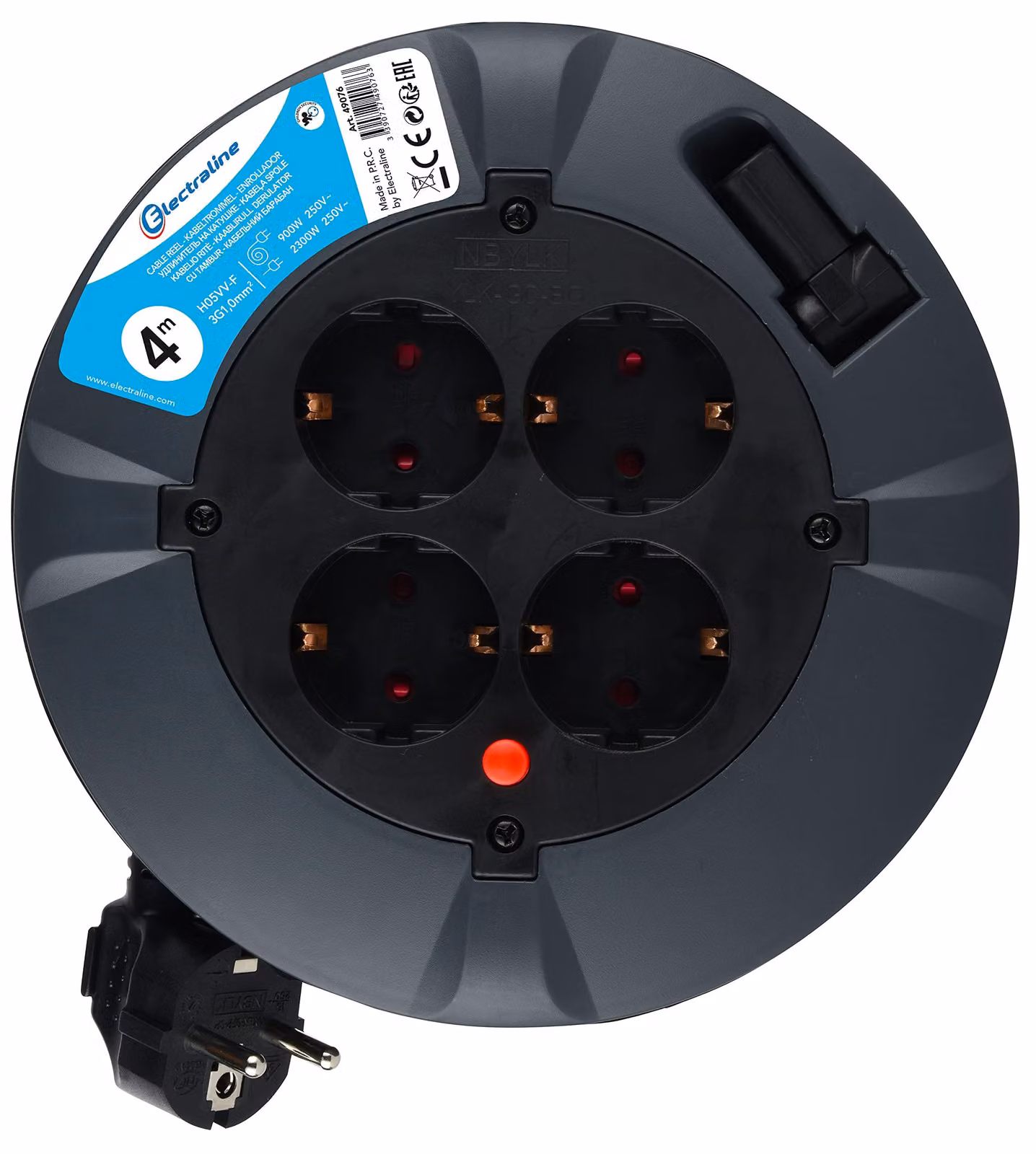 Electraline 49076 Avvolgicavo, 4 prese, cavo da 4 m, per interni, con 4 prese Schuko, nero