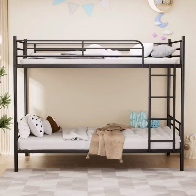 Letto a castello 90 × 190 cm 2 posti con scala antiscivolo e barriera alta, senza materasso, acciaio nero