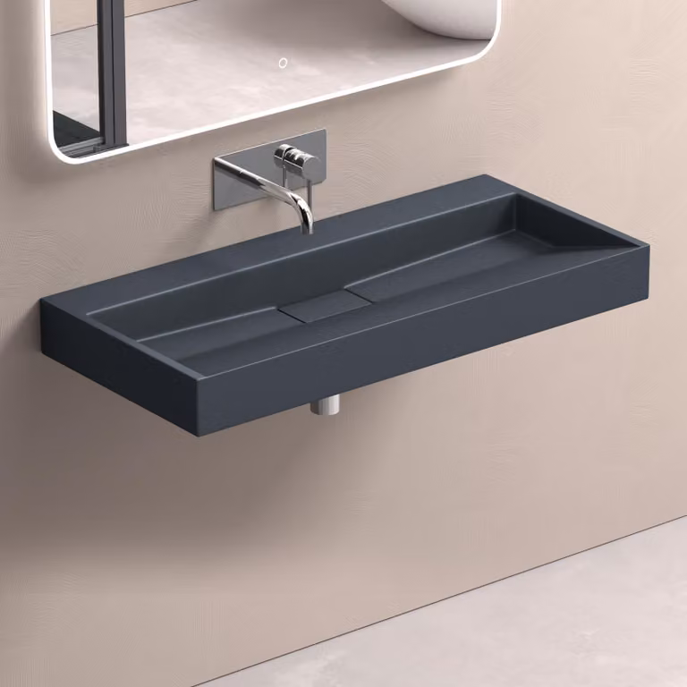 doporro Lavabo da Appoggio Bagno Sospeso Lavandino Rettangolare in Marmoresina con Piletta di Scarico Inclusa Colossum19, 100x46x11 cm Antracite Opaco Senza Foro per Rubinetto