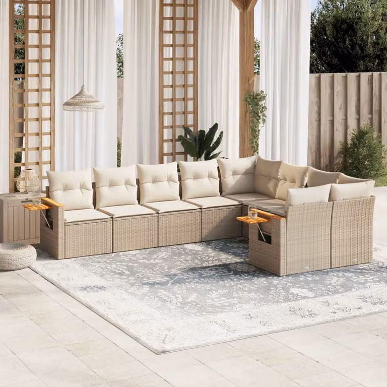 vidaXL Set Divano da Giardino a L 9 pz in Polyrattan con Cuscini Beige e Tavolino da Esterno