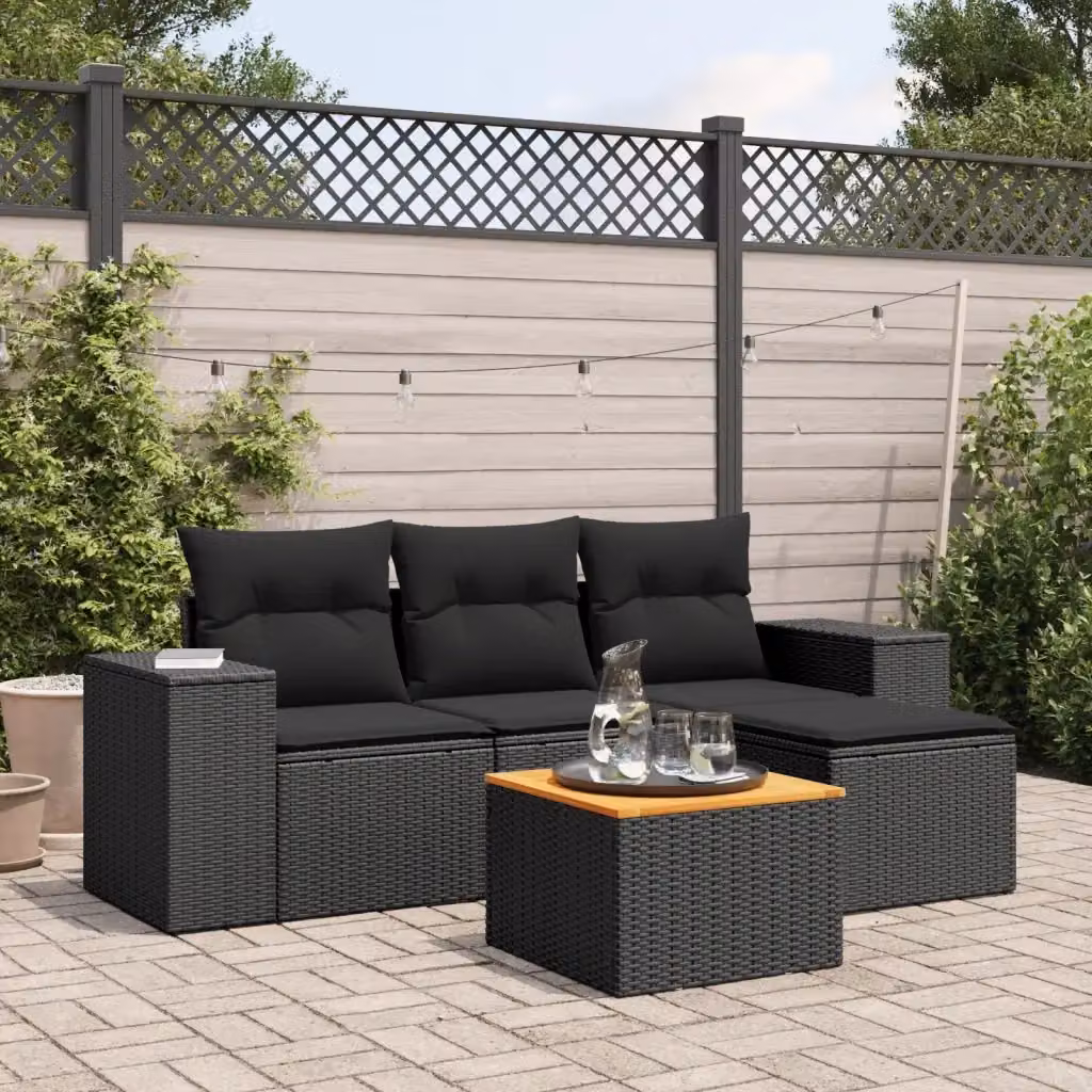 Set Salotto da Giardino Moderno DESIGN IN in Polyrattan Nero con Cuscini e Tavolino da 5 Pezzi – 2